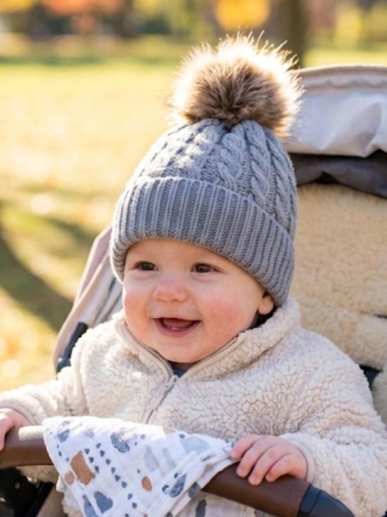 None Other - Hat Infant Toddler Knitted Stretch Hat w/ Faux Fur NWOT 3-18 Months Gray Cable
